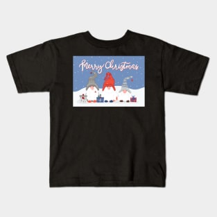 Three Merry Christmas Gnomes with Snowflakes and Presents on Pale Blue Kids T-Shirt